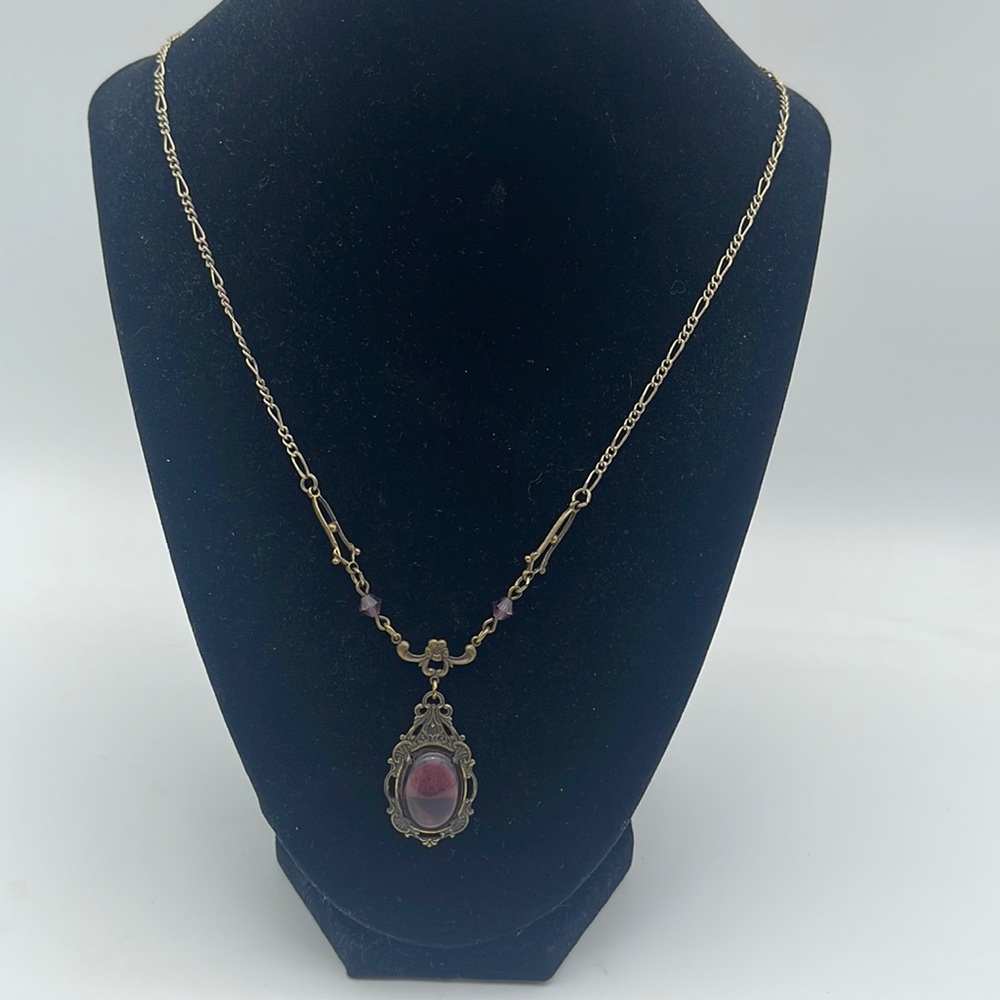 Sadie Green Vintage Drop Pendant Necklace Purple Stones Antiqued Gold Chain